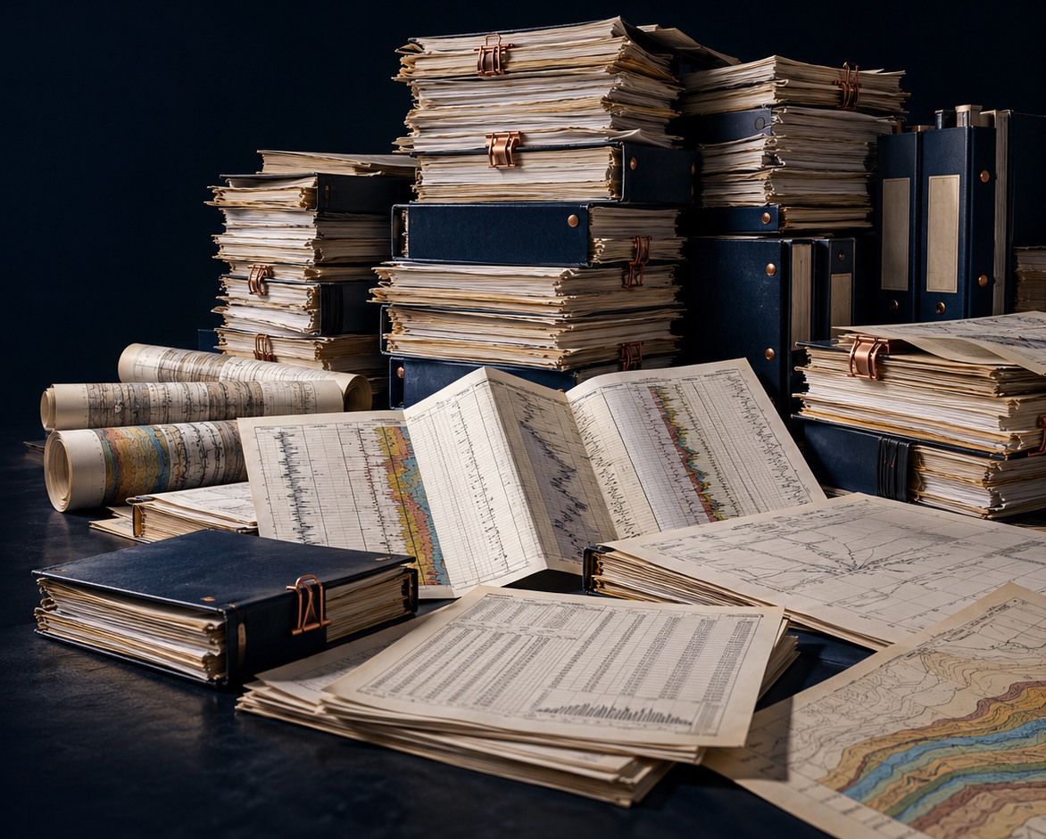 Illustration of accumulated operating records: stacks of reports and binders, folded well logs, production printouts and technical drawings.