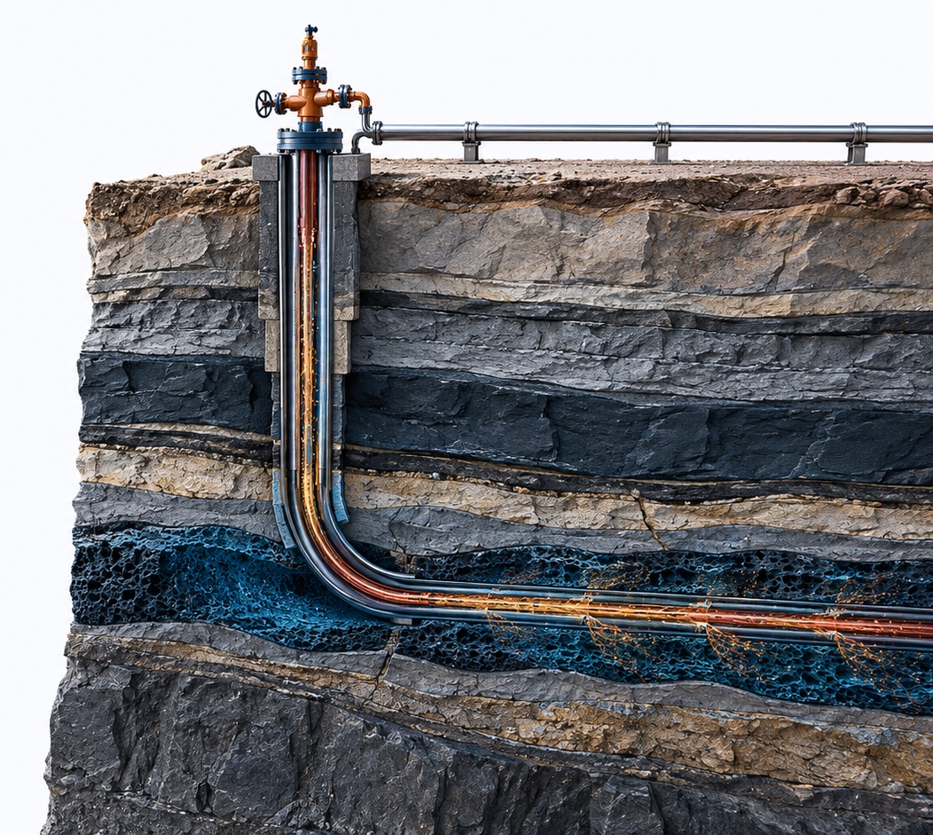 Cutaway of an oil well from the surface wellhead and gathering line down through the wellbore into layered rock and the producing formation.